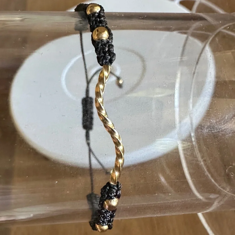 NEW Black Adjustable Cord Bracelet 14k Gold Beads Twisted Connector Minimalist